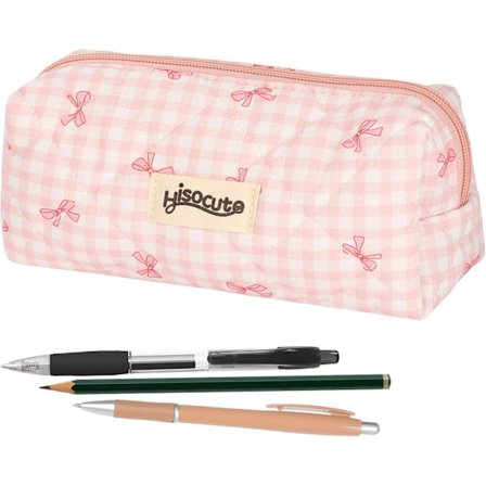 Penalhus med sløjfe, Sødt pink ternet penalhus med sløjfe, Blødt quiltet penalhus til kvinder på kontoret