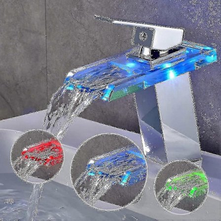 Servantkran med RGB LED-fossefall, blandebatteri for baderom med 3 fargeendringer, krom messing glass fossefallkran for baderom