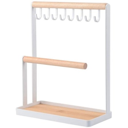 Displaystativ med træbakke og opbevaringskroge til opbevaring af halskæder, armbånd, ringe, ure