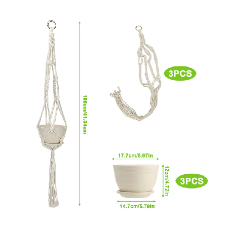 Plant Hängare Set om 3 med Hängande Rep, Inomhus Hängande Planteringskruka Hållare Ställ för Inomhusdekor_FO