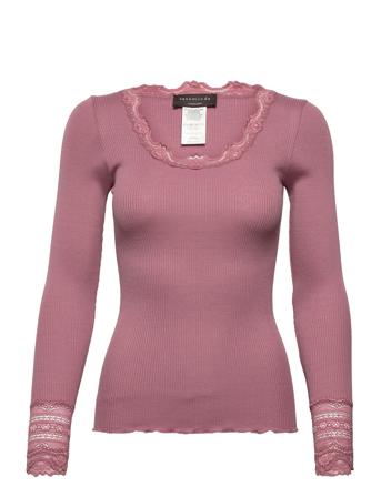 Silk T-Shirt W/ Lace T-shirts & Tops Long-sleeved Rosa Rosemunde*Betinget Tilbud