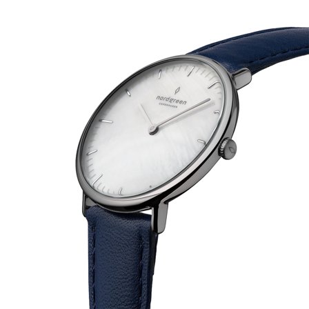 Nordgreen Danish minimalist slim women's watch - Gun Metal Case - Silver Dial - 28mm Navy Vegan Leather Watch Band Native White Dial