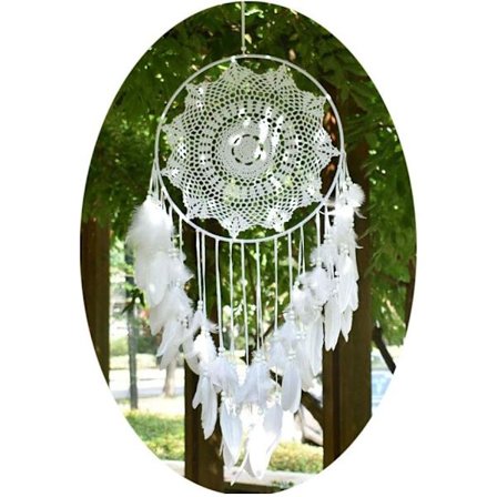 Stor Boho Drømmekatcher Hvit Fjær Makrame Veggdekorasjon Vinta
