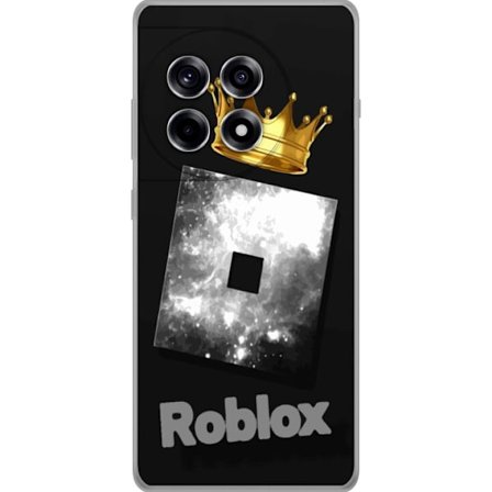 Kompatibelt Mobildeksel til OnePlus OnePlus 12R Minimalistisk svart og sølvfarget Roblox-symbol med gylden krone og luksuriøs gamer-estetikk på en