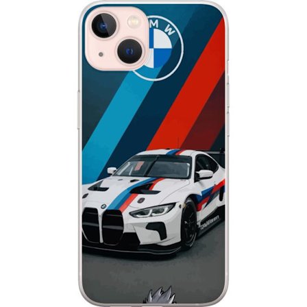 Kompatibel Mobilcover til Apple Apple iPhone 13 BMW M Sport design med hvid racerbil og klassiske M-striber eksklusivt biltema perfekt til motorsports