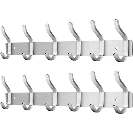 Knagerække i rustfrit stål, knagerække med 6 kroge, vægmonteret knage til soveværelse, badeværelse, køkken (sølv, 6 kroge, 2 stk.)