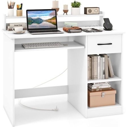 COSTWAY Computer Skrivebord med Skuffe og 2 Opbevaringshylder Computer Skrivebord med Tastatur Bakke Hvid