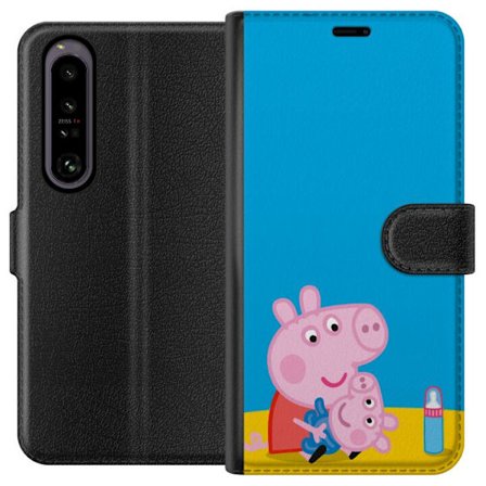 Kompatibelt Lommeboketui til Sony Xperia 1 IV Peppa Pig alvet tema med krone og tryllestav på rosa bakgrunn, søt barneillustrasjon med Greta Gris i