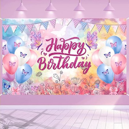 Fjäril Grattis på födelsedagen Fest Dekorationer Stor Rosa Blå Födelsedag Banner Bakgrund för Flickor Kvinnor Fjäril Tema Foto Bakgrund 71x44Tum