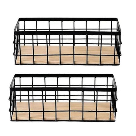 2-pak Metal Opbevaringskurv med Træbund, Dekorative Kurve til Opbevaring i Hjemmet, Trådkurv til Organisering