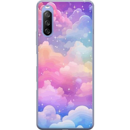 Kompatibelt Mobildeksel til Sony Xperia 10 III Lite Søt enhjørning med regnbuefarget hår mot en stjernebelagt pastellbakgrunn i kawaii-stil