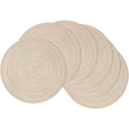Pyöreät paikka-alustat, 6 kappaleen setti, punotut, pestävät pöytäalustat, pyöreät, lämmönkestävät pöytäalustat keittiöön ja ruokailuun Beige