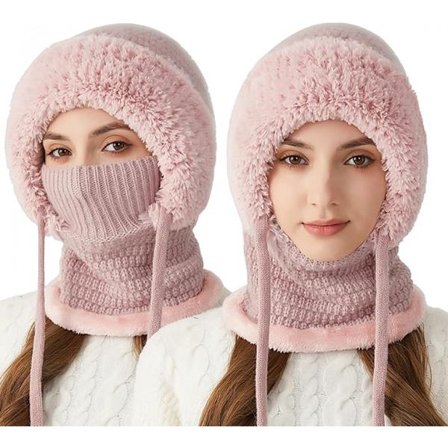 3-i-1 damehatt, skjerf og ansiktsskjerm - rosa hatt, omkrets 55-60 cm