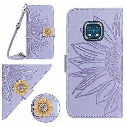Kompatibel med Nokia XR20 Præget Solsikke med Diamanter Magnetisk Kortholder Pung Telefon Cover med Skulderrem - Lys Lilla