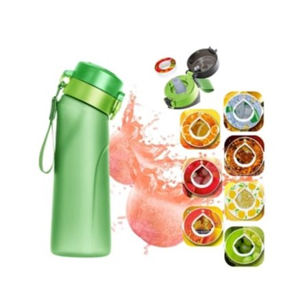 Luftvattenflaska med smakpatroner, 650 ml läckagesäker sportvattenflaska med sugrör och grönt handtag