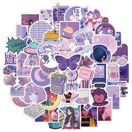 Pakke med 50 morsomme vinylklistremerker, søte lilla jentete graffiti
