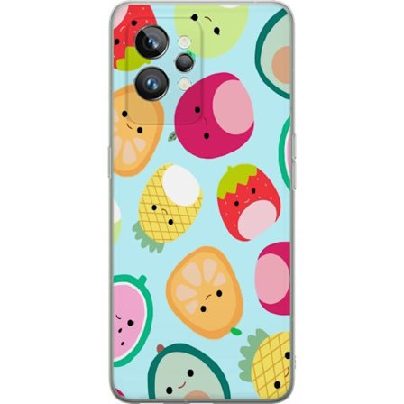 Kompatibel Mobilcover til Realme GT2 Pro Mønster af kawaii frugter som jordbær citron ananas og avocado på lyseblå baggrund