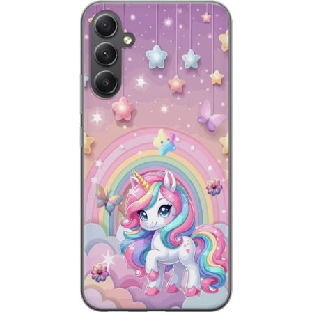 Kompatibel Mobilcover til Samsung Galaxy A05s Magisk enhjørning med regnbue manke, stjerner og sommerfugle mod en pastelfarvet himmel med skyer