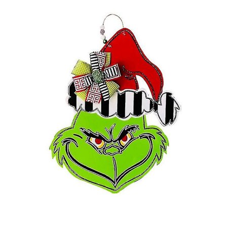 Julekrans, Grinch Dørhængende Plade Dekoration, Grinch Velkomstskilt Krans Træ Landhus Dekoration