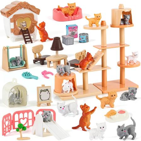 43 PCS Pet Pretend Play Toys, Cat Figures Playset Toy for Kids Creative DIY Realistic Detailed Play Pretend Educational Toys