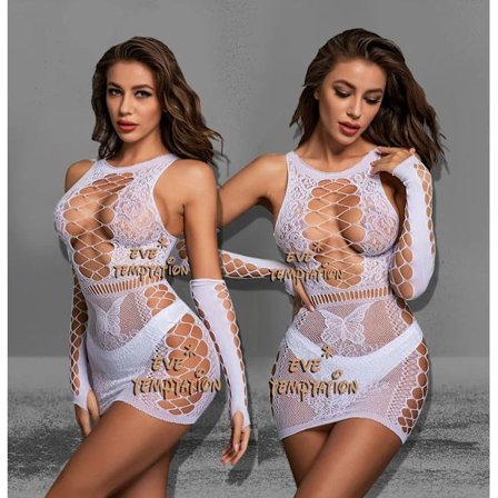 Seksikäs yöasu Babydoll Body Lingerie Seksikäs Hot Eroottinen Viettely Olkaimeton Body Pitkähihainen Catsuit Mekko + Käsineet