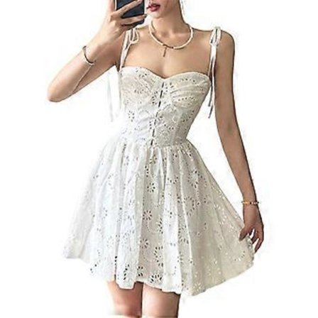 Sommarklänning för damer, V-ringad, ärmlös, miniklänning, strandklänning med spaghettiband, luftig, svängig, kort klänning, streetwear, vit M(M)