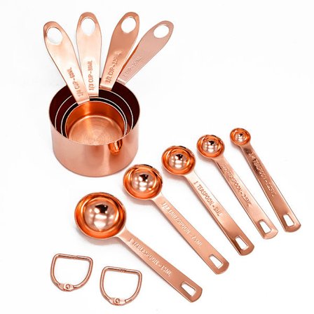 9-delt sæt af køkken- og bagemålebægre og skeer, rustfrit stål kobber krom, med indgraverede mål, til tørre eller flydende ingredienser