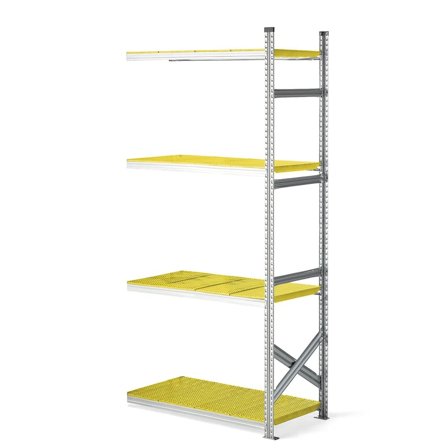 Reol påbyggseksjon med med gule plasthyller, 2500x1200x600