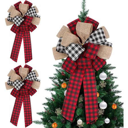 2-pakning Store Julebuer Kransdekorasjon, Buffalo Plaid Juletre Topper Ornament, Rød Juledekorativ Bue Garland, 40*24cm.
