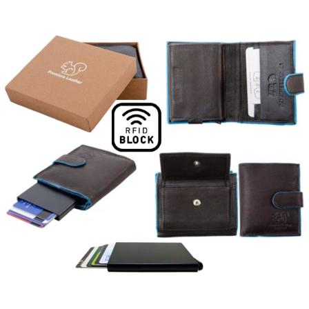 Äkta Läder Plånbok O Smart Korthållare .100%rfid Skydd. Brun+blå Brun Och Blå