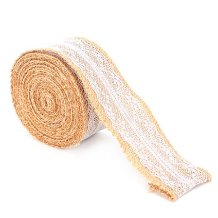 Jutesnöre med vit spets, naturfärgad juteväv för DIY-dekoration och presentförpackning, 5 meter, 5 cm bred spets