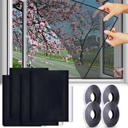 4-pakning Svart Myggnetting Vindusskjerm, 130 cm x 150 cm med Selvklebende Tape, Passer til Ulike Vindusstørrelser