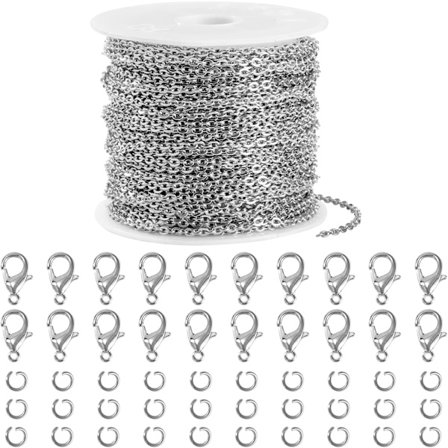 Halsbandskedjor för smyckestillverkning, 10 meter länk-kabelkedja, rostfri stålkedja med 30 öppningsbara ringar och 20 karbinhakar, 2 mm