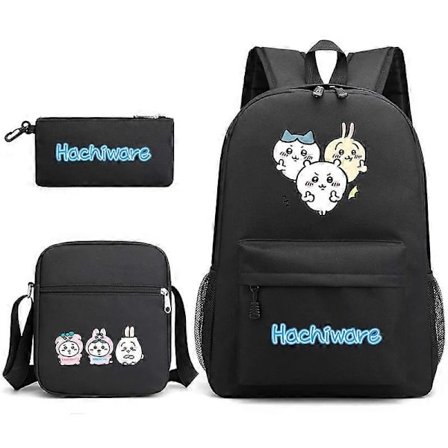 Chiikawa Jiyikawa Skolväska i tre delar för pojkar och flickor, pennfodral i campusstil, stor canvasväska i tre delar Svart~5