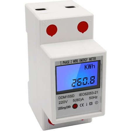 Enfasig DIN-skinne energimåler 5-80A 220V 50Hz elektronisk kWh-måler med LCD-baggrundsbelyst digitalt display DDM15SD