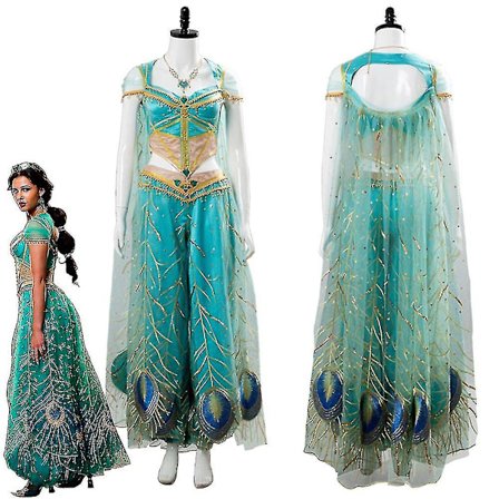 Aladdin Cosplay Prinsesse Cosplay Jasmine Naomi Scott Grøn Blå Kjole Kostume Voksne Kvinder Kvindelig Halloween Karneval