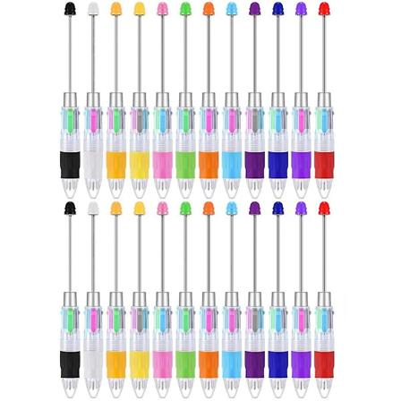 24 stk flerfargede perler med 4-i-1 fargede perlerpenn, uttrekkbare kulepenner for DIY-laging