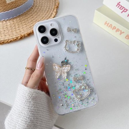 RY-3D Bling Diamant Sommerfugl Mobiltelefon Cover Kompatibelt med iPhone 16 15 14 13 12 11 Pro Max XS 8 7 Plus - Stilfuldt Pige Cover Sort XXS{hh}