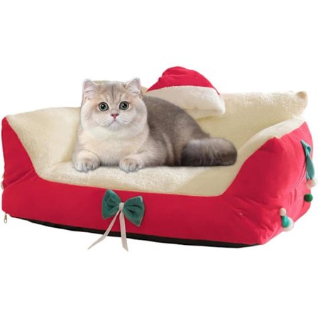 Kattbädd med julmotiv – Mysig fåtölj med tomteluva, vila för husdjur, juldekorativ möbel för hem & balkong_TF_TF