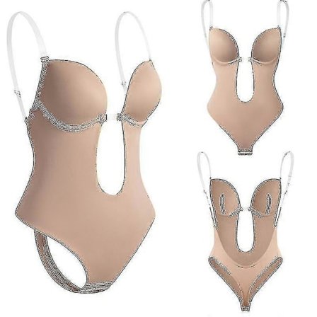 Dame Backless Body Shapewear U Dyb Udskæring Sømløs G-streng Dyb V-Hals Body Shaper Til Bryllup-5 Beige