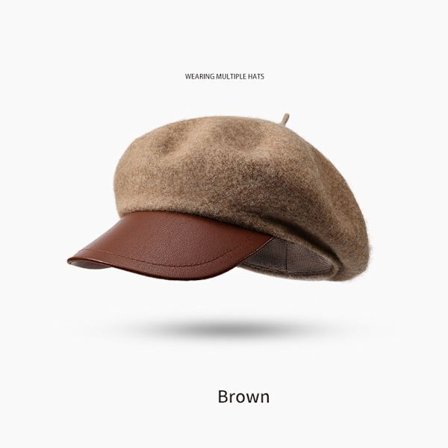 Varm og allsidig hatt, retro kortbremmet beret, kaffe