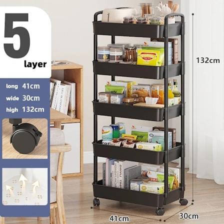 1 stk. Bærbar Rullende Højkapacitets Opbevaringsvogn Snacks Organizer Multi-lags Bogreol Køkken Badeværelse Flytbar Organizer 5 layers black