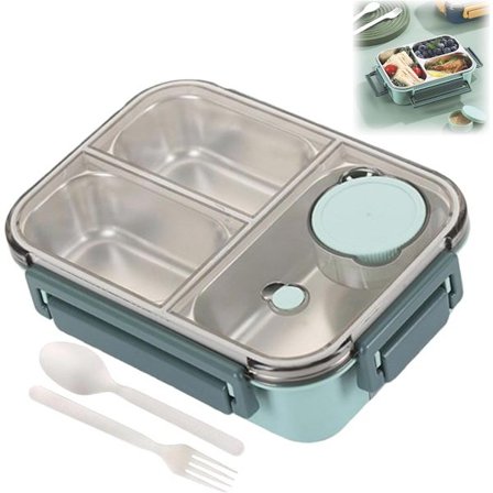 Madkasse, Bærbar madkasse i rustfrit stål med bestik og opdelte rum (tre rum grøn)