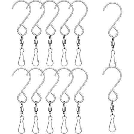 Roterende Vindspilskrog, 12 stk. S-formede drejekroge til ophængning af fuglefoderautomater, vindskulpturer, krystal solcellelys ornament (sølv)