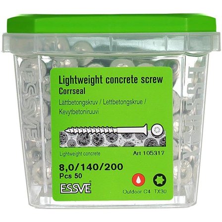 ESSVE CorrSeal TX30 Lettbetongskrue 8,0x200mm, 50-pakning, Innfesting