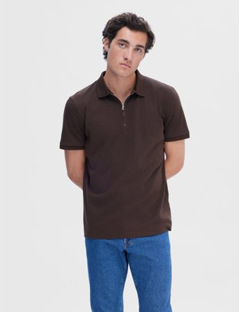 Selected Slhfave Zip Ss Polo - Brown - XL