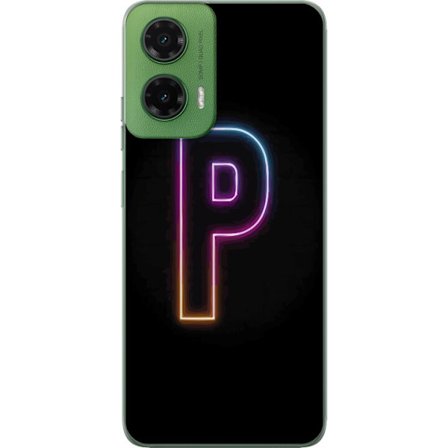 Kompatibel Mobilcover til Motorola Motorola Moto G35 Minimalistisk neonbogstav P i farvegradient og lyseffekt mod sort baggrund i digital neonstil