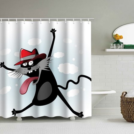 Cartoon Cat Duschdraperi, med 12 plastkrokar-B