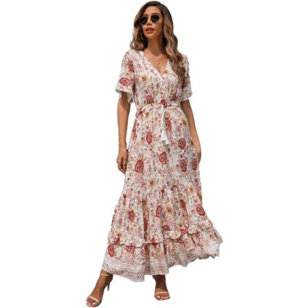 ivimos Dam Sommar Bomull Kortärmad V-hals Blommig Tryck Casual Bohemian Midiklänningar Vitrosa Medium