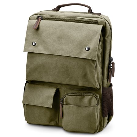 Zaino compatto in tela verde militare e pelle marrone scuro per uomini - Zaini